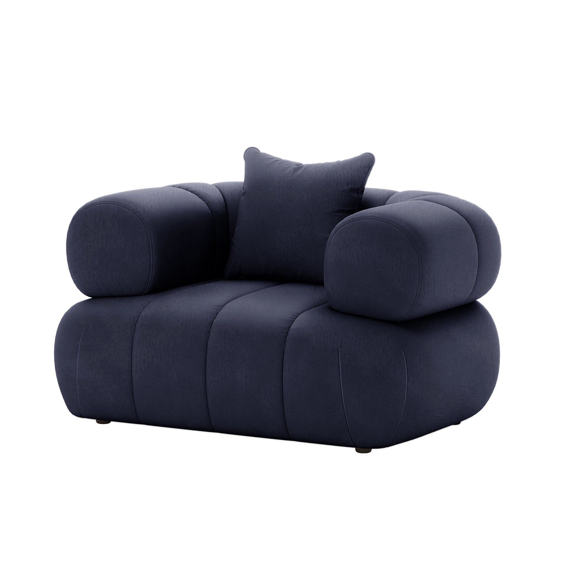 Samira 6 Seater Velvet Sofa Set - Navy Blue, showcasing a plush, navy blue velvet sofa with armrests and a futon pad, accompanied by a decorative pillow enhancing its luxurious appeal.