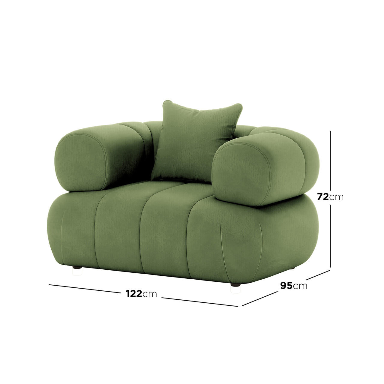 Samira 6 Seater Velvet Sofa Set in Prasinous Green, showcasing its plush velvet upholstery and elegant design, featuring a pillow on a matching green chair.