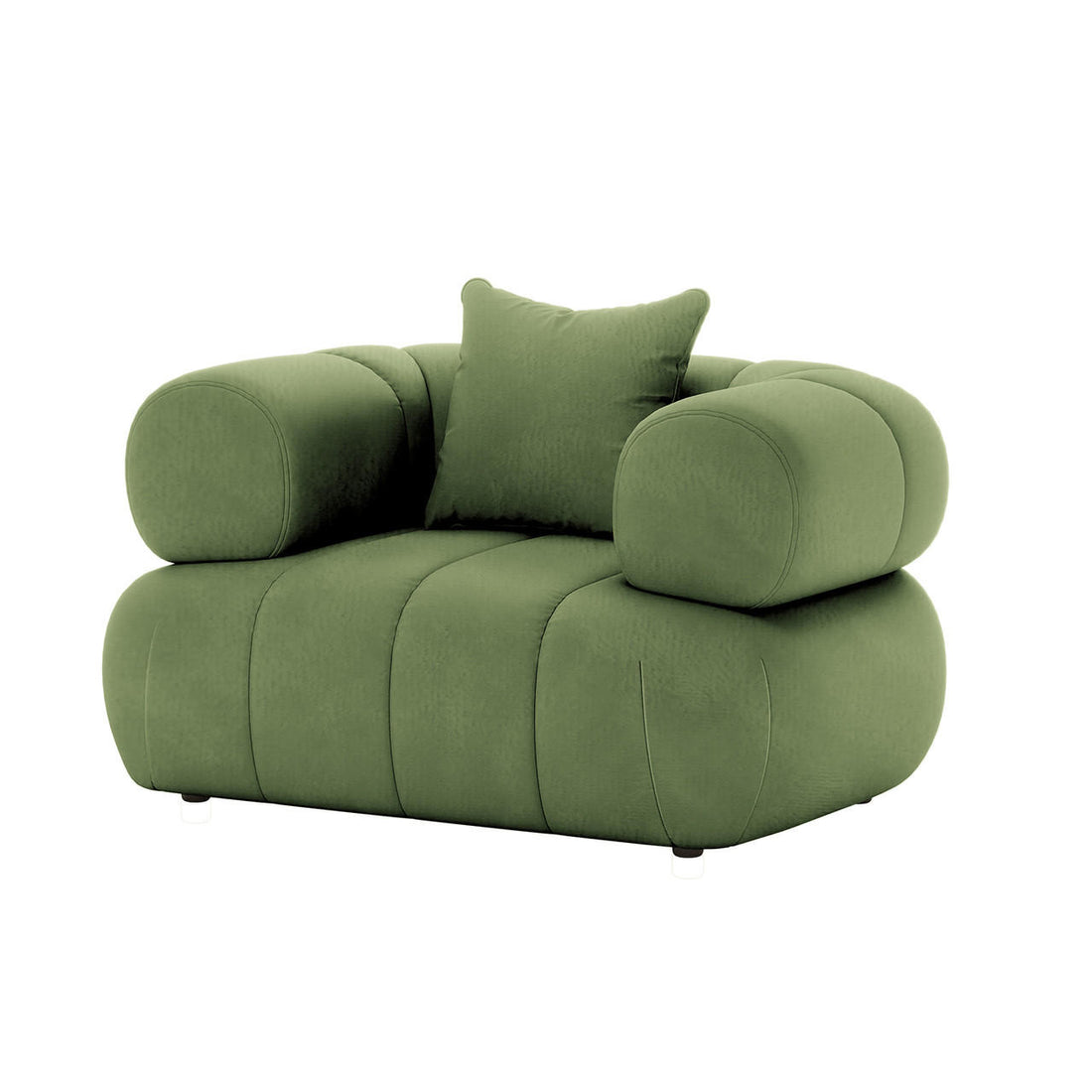 Samira 6 Seater Velvet Sofa Set Prasinous Green featuring a plush cushion on a single seater, showcasing luxurious velvet texture with a solid, elegant design for a stylish living space.
