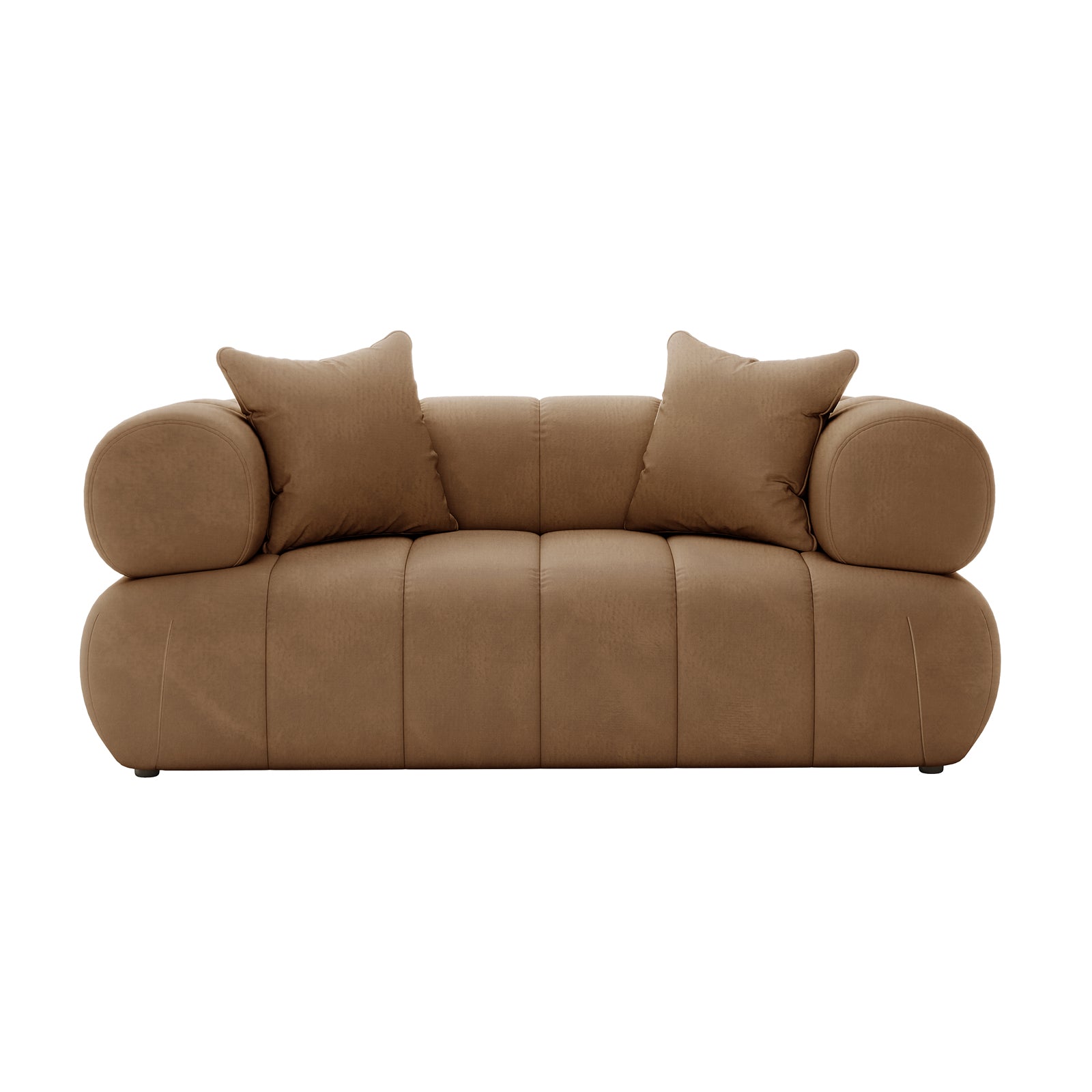 Samira 2 Seater Velvet Sofa in Camel Brown, showcasing plush velvet upholstery, two matching pillows, and sturdy wooden legs, emphasizing comfort and elegance for modern living spaces.
