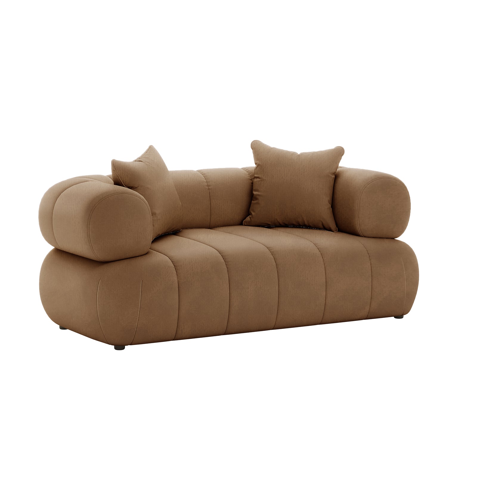 Samira 2 Seater Velvet Sofa in Camel Brown, highlighting its luxurious velvet texture and plush cushion detail, showcasing a sophisticated and elegant design for modern living spaces.