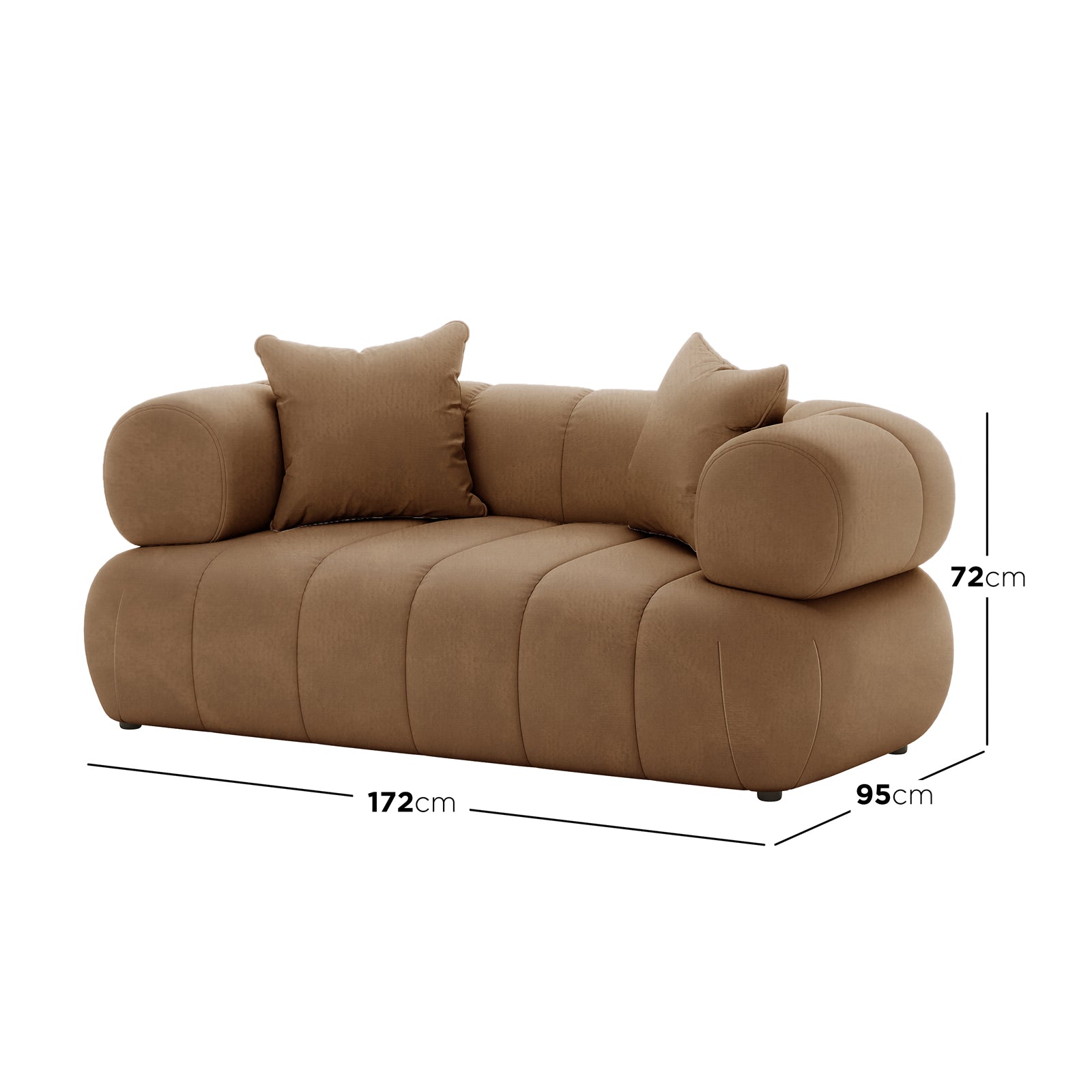 Samira 2 Seater Velvet Sofa in Camel Brown, showcasing its luxurious velvet upholstery, plush cushions, and sturdy wooden frame, accompanied by a matching pillow for added comfort and elegance.