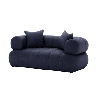 Samira 2 Seater Velvet Sofa in Navy Blue, showcasing its luxurious velvet texture, sturdy wood frame, and plush cushions, emphasizing comfort and elegance.