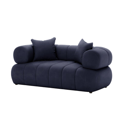 Samira 2 Seater Velvet Sofa in Navy Blue, showcasing its luxurious velvet texture, sturdy wood frame, and plush cushions, emphasizing comfort and elegance.