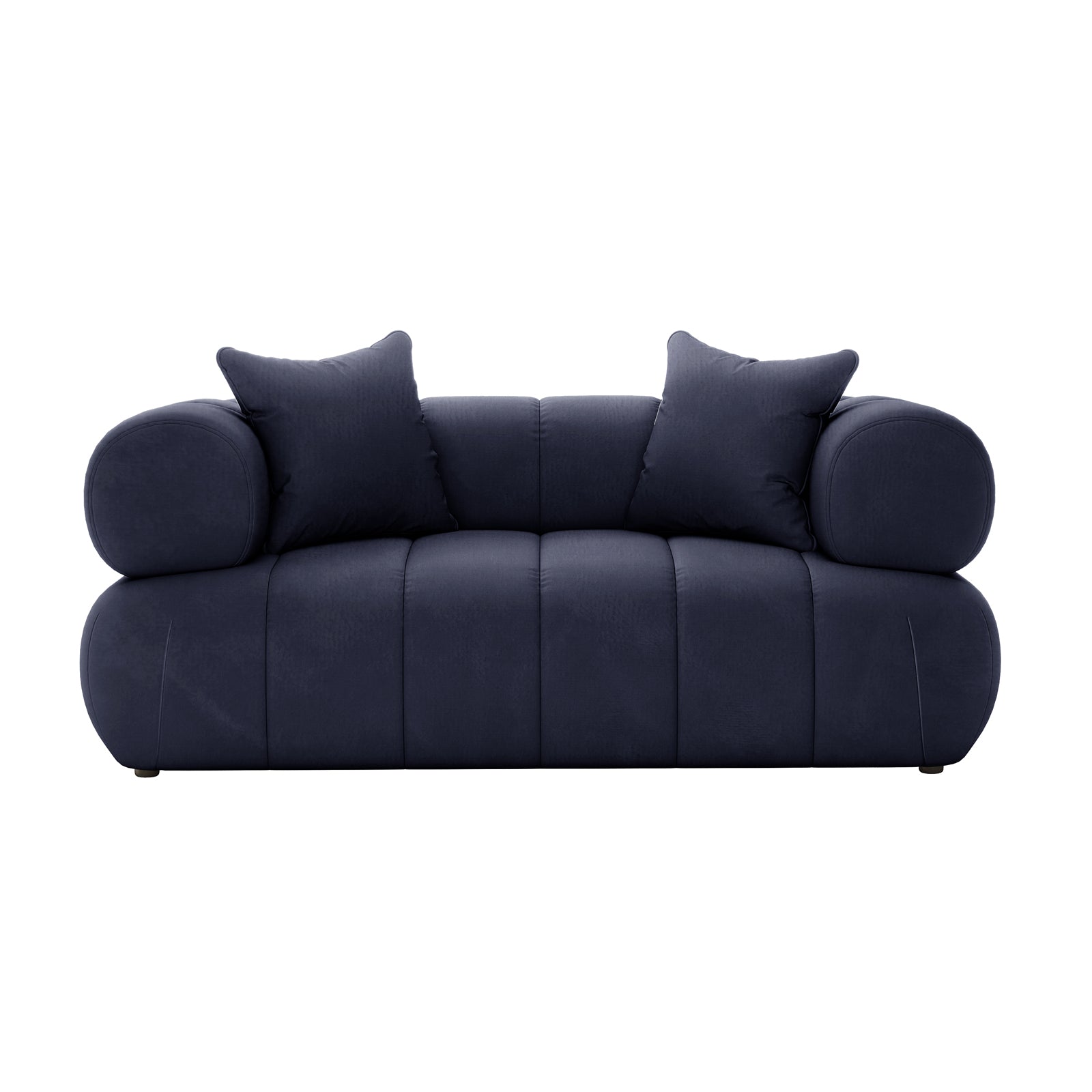 Samira 2 Seater Velvet Sofa - Navy Blue, featuring plush velvet upholstery and two matching pillows, elegantly styled with visible fine stitching, providing a luxurious seating option for modern interiors.