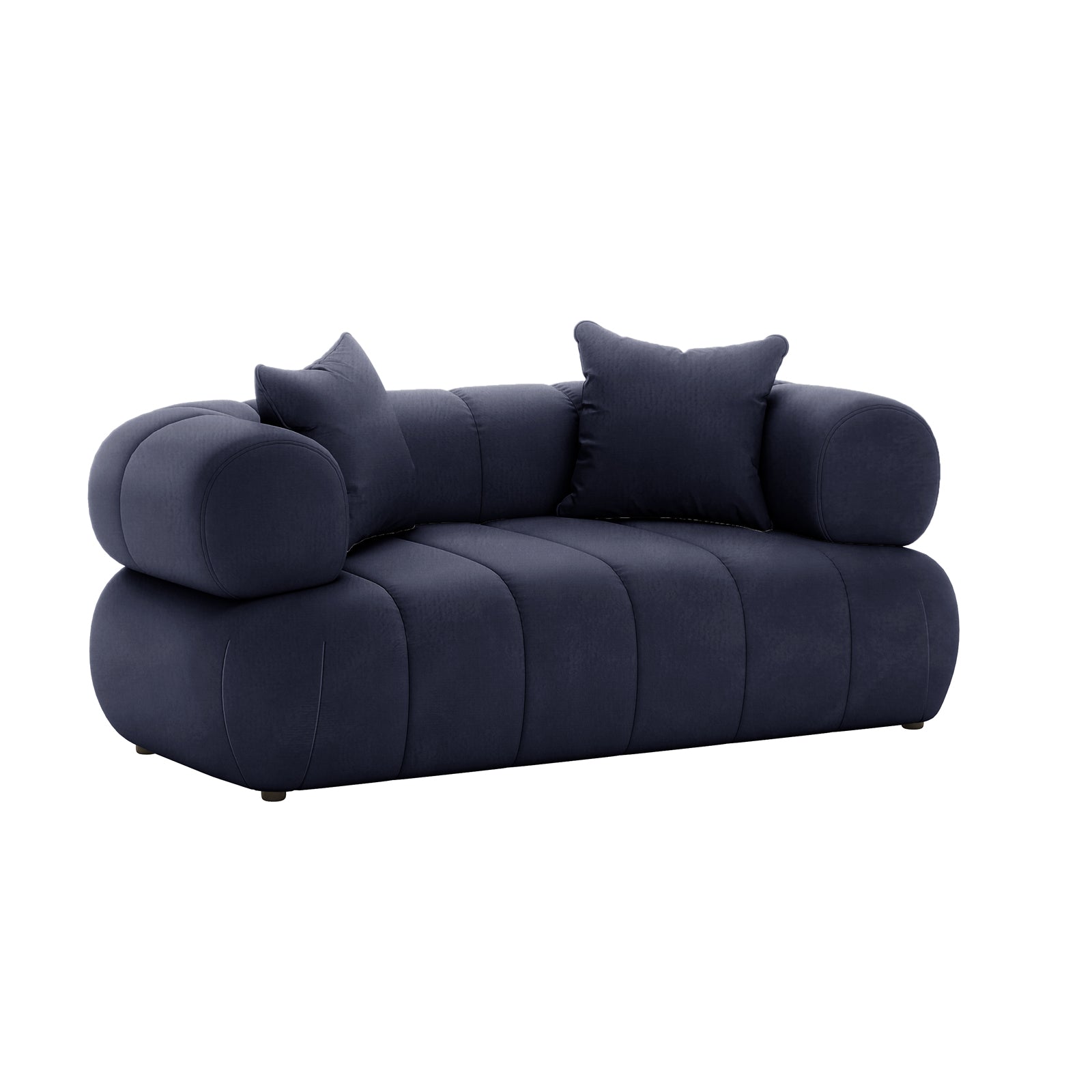 Samira 2 Seater Velvet Sofa - Navy Blue, showcasing plush velvet upholstery, sleek design, and two matching pillows, emphasizing its luxurious and comfortable seating.