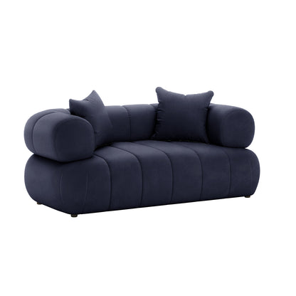 Samira 2 Seater Velvet Sofa - Navy Blue, showcasing plush velvet upholstery, sleek design, and two matching pillows, emphasizing its luxurious and comfortable seating.