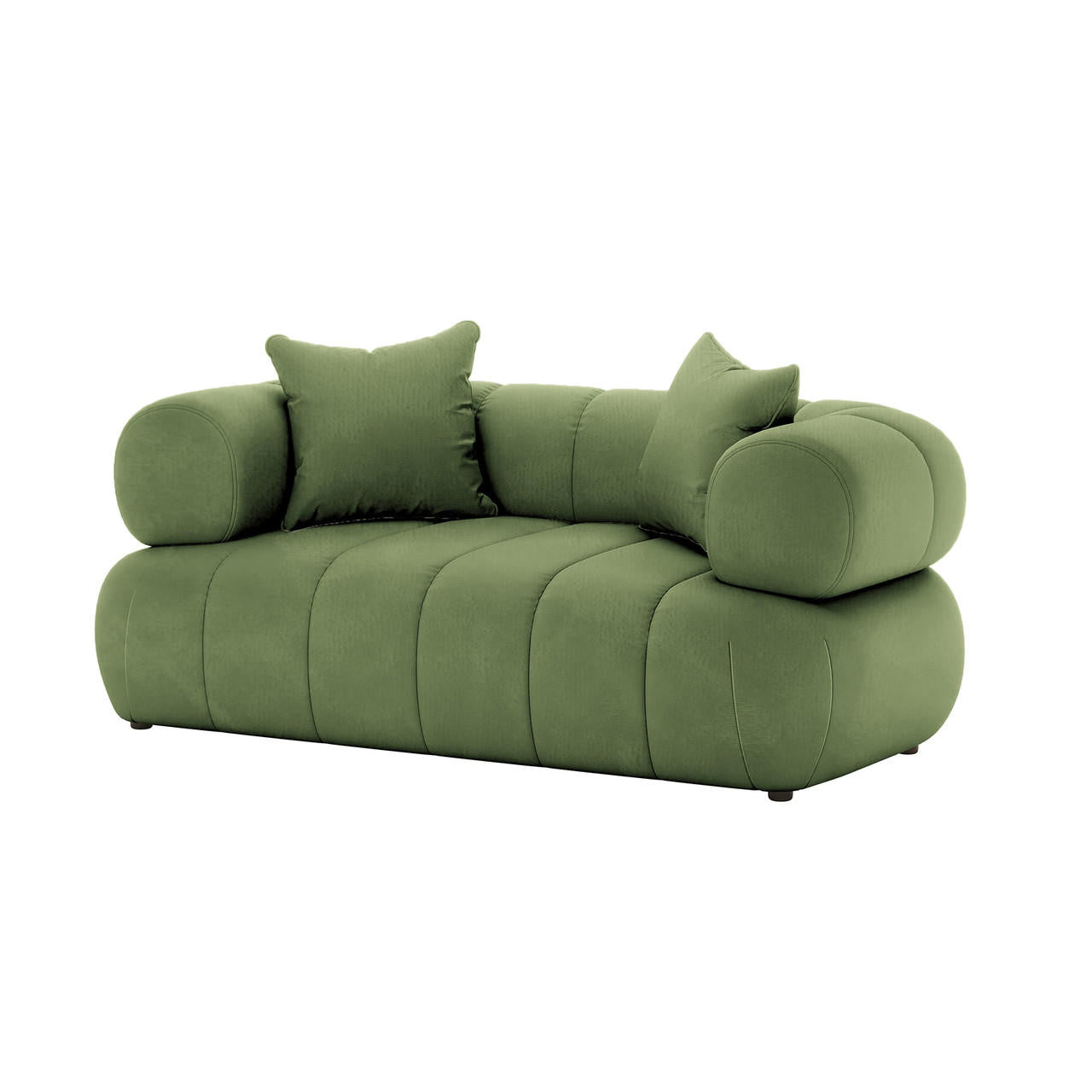 Samira 2 Seater Velvet Lounge in Prasinous Green: a modern loveseat with quilted vertical panels, tubular arm bolsters, and matching throw pillows, offering a plush, sculptural silhouette for stylish comfort.