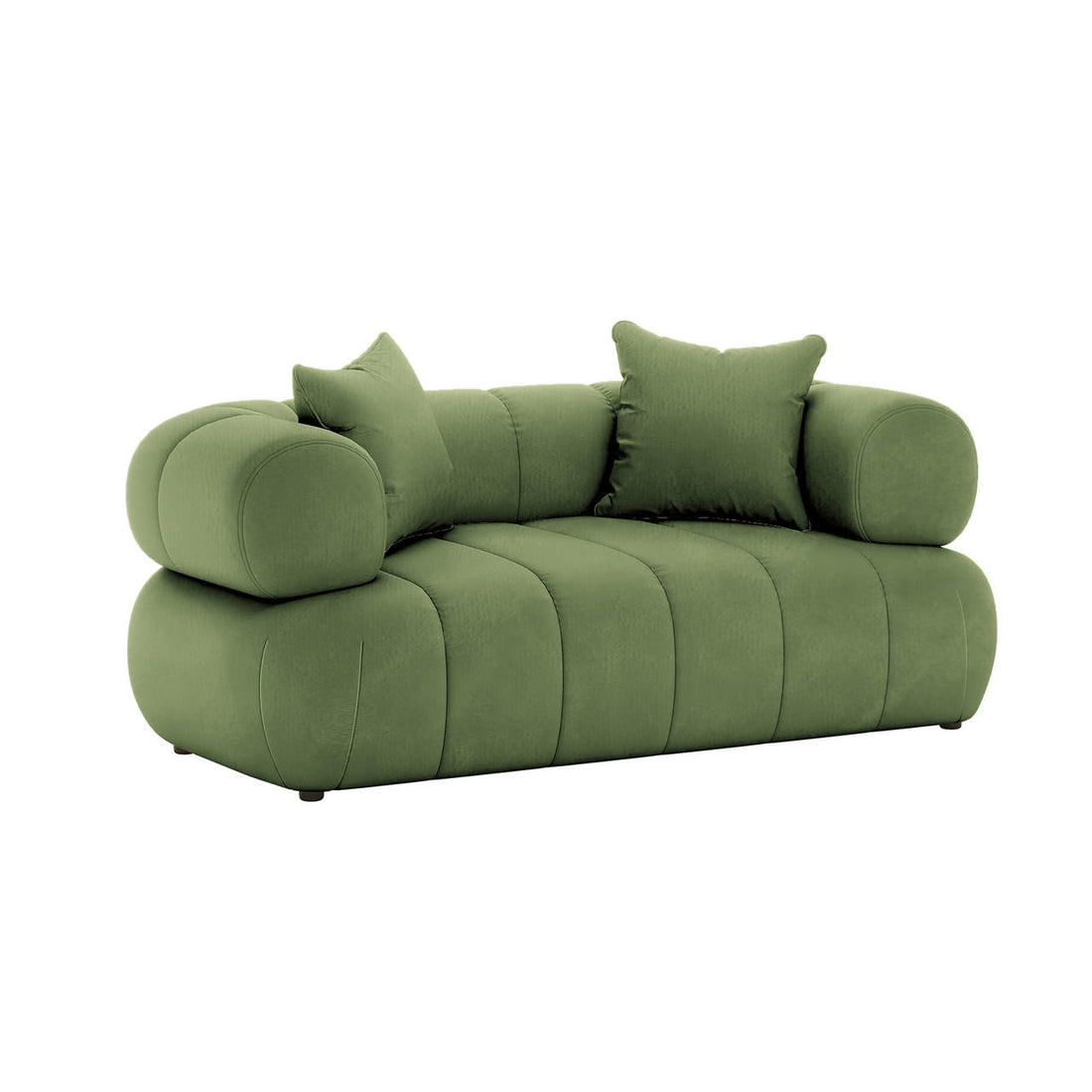 Samira 2 Seater Velvet Lounge in Prasinous Green features a modern olive-green velvet upholstery with rounded armrests, vertical channel stitching, and two matching throw pillows, offering plush comfort and elegance.