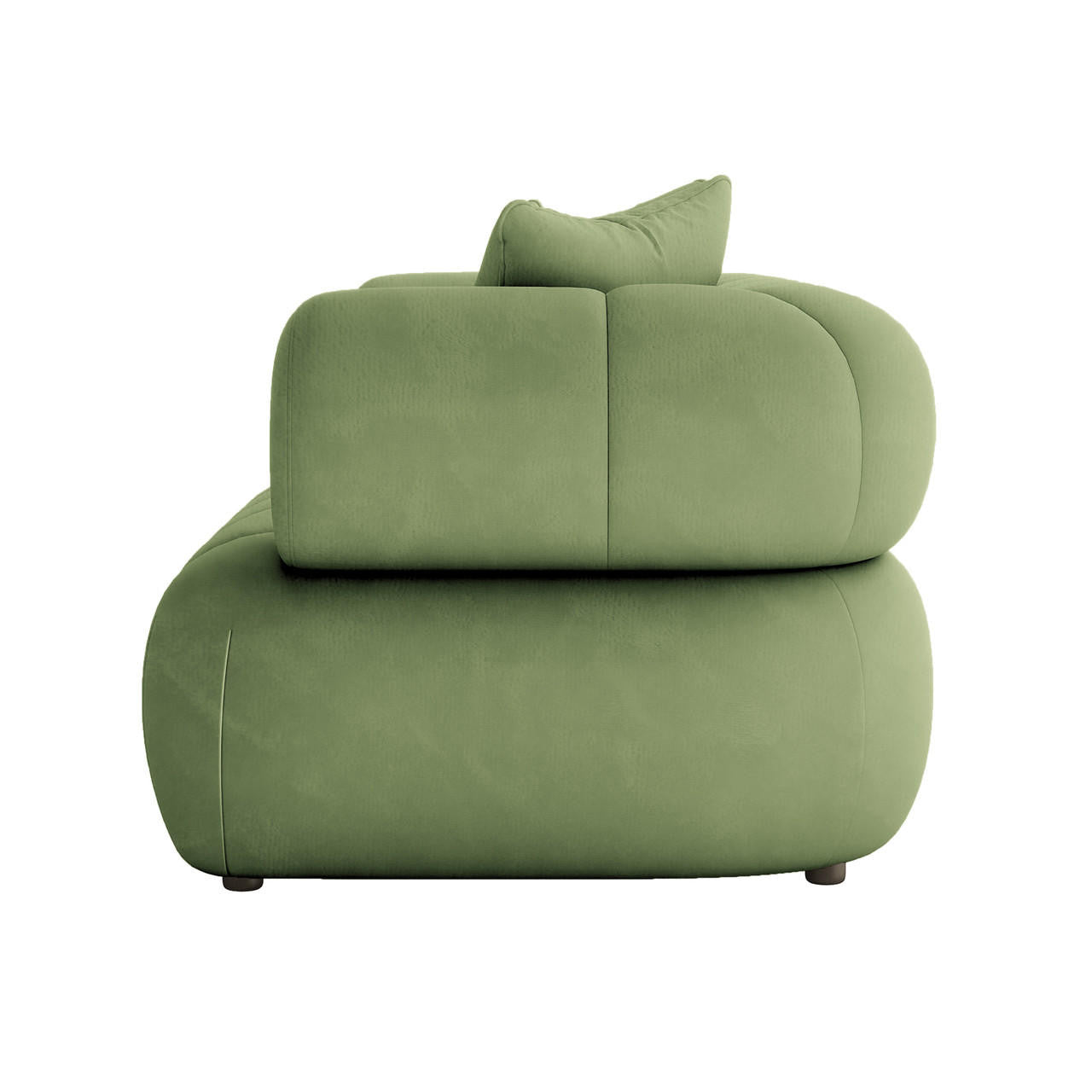 Samira 2 Seater Velvet Lounge in Prasinous Green, featuring a modern, low-profile design with muted green velvet upholstery, thick rounded cushions, and a single loose back cushion, showcasing plush comfort and sophistication.