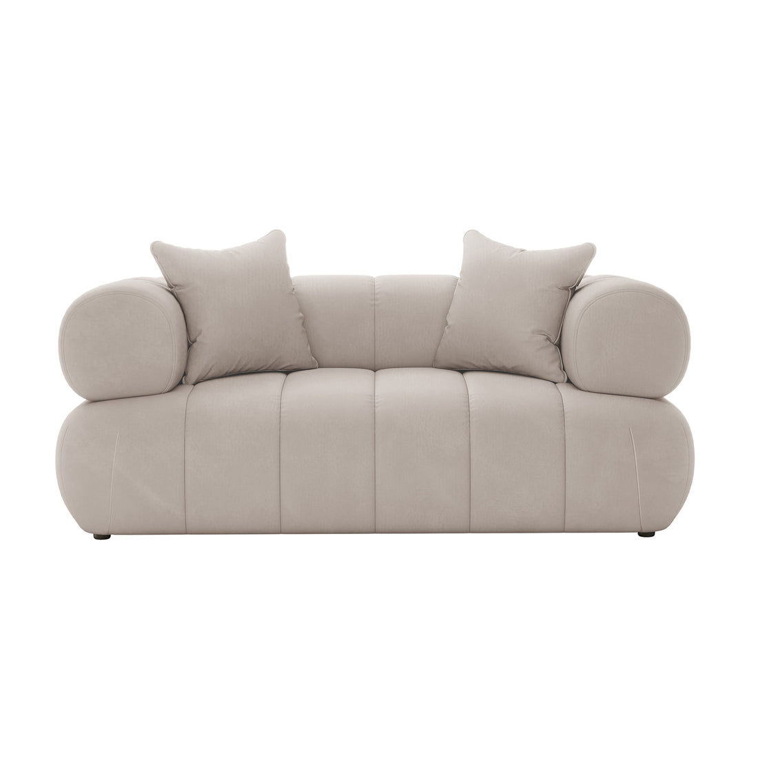 Samira 2 Seater Velvet Sofa in warm beige, showcasing its plush, velvet upholstery, two matching pillows, and elegant design, perfect for adding sophistication to any living space.