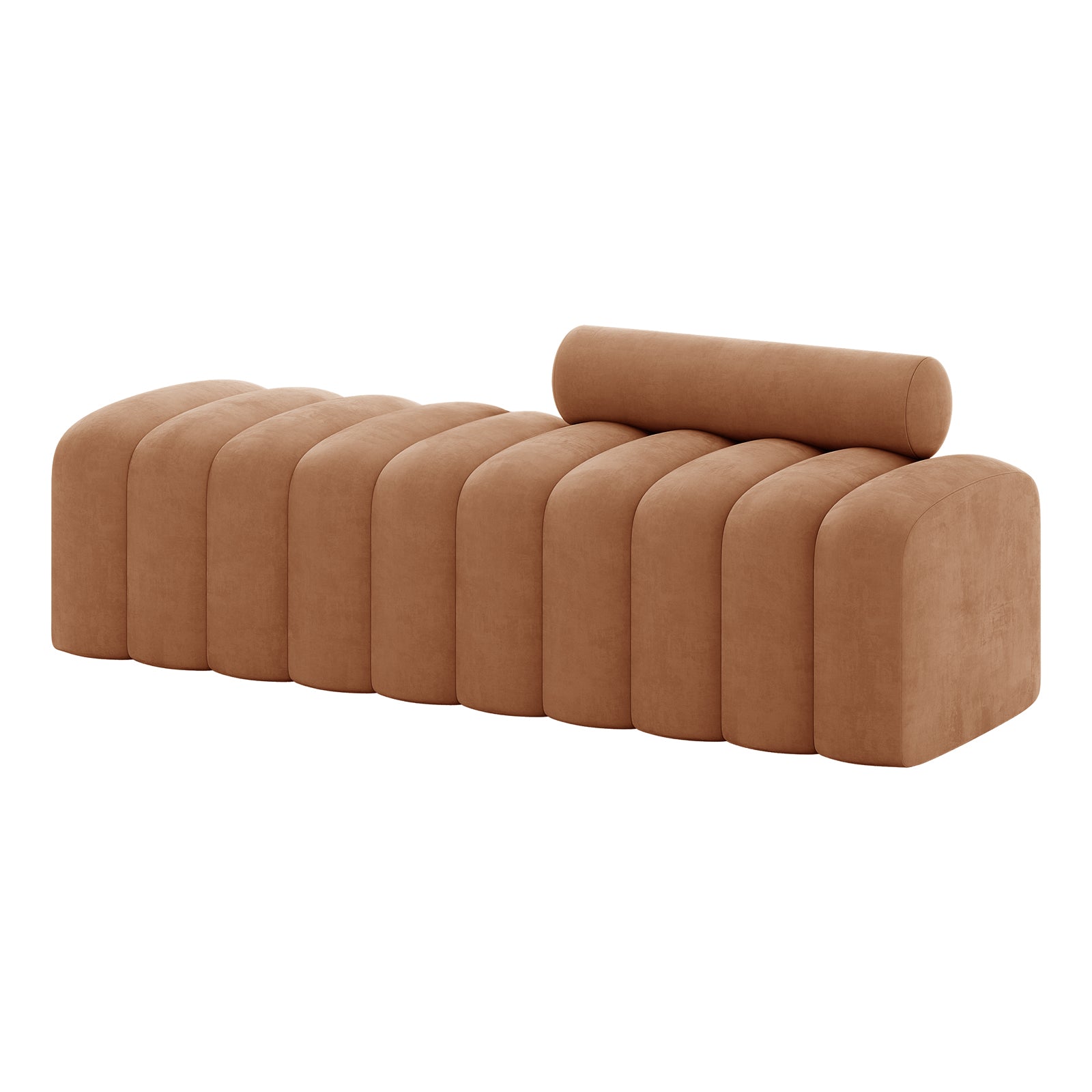 Sasa Velvet Tufted Fabric Bench with Backrest Burnt Orange, featuring a low-profile design with vertical channel cushioning and a matching cylindrical bolster pillow, ideal for modern living spaces.