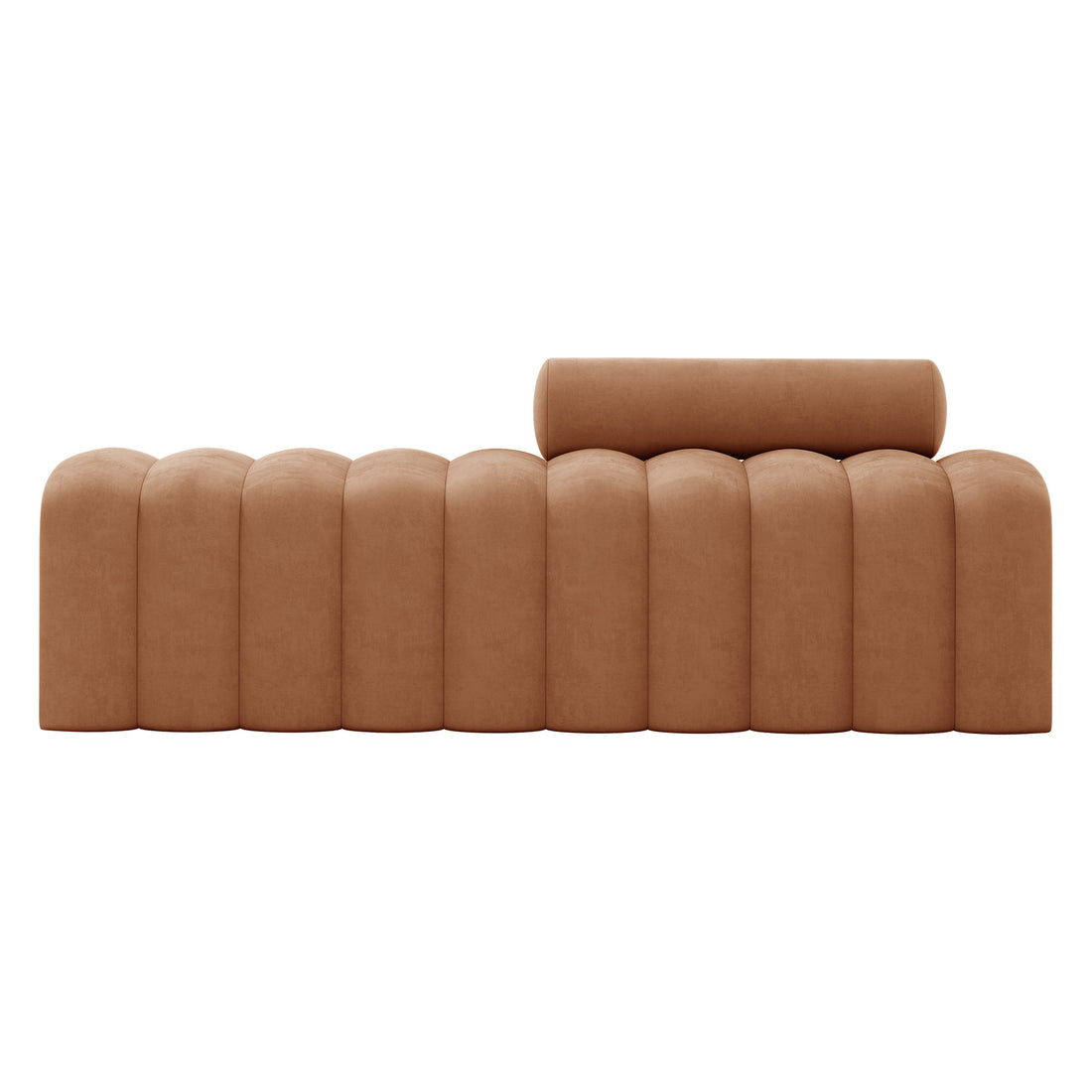 Sasa Velvet Tufted Fabric Bench with Backrest features a modern low-profile design, rounded tubular seat cushions, and a single bolster-style back cushion for stylish, contemporary seating.