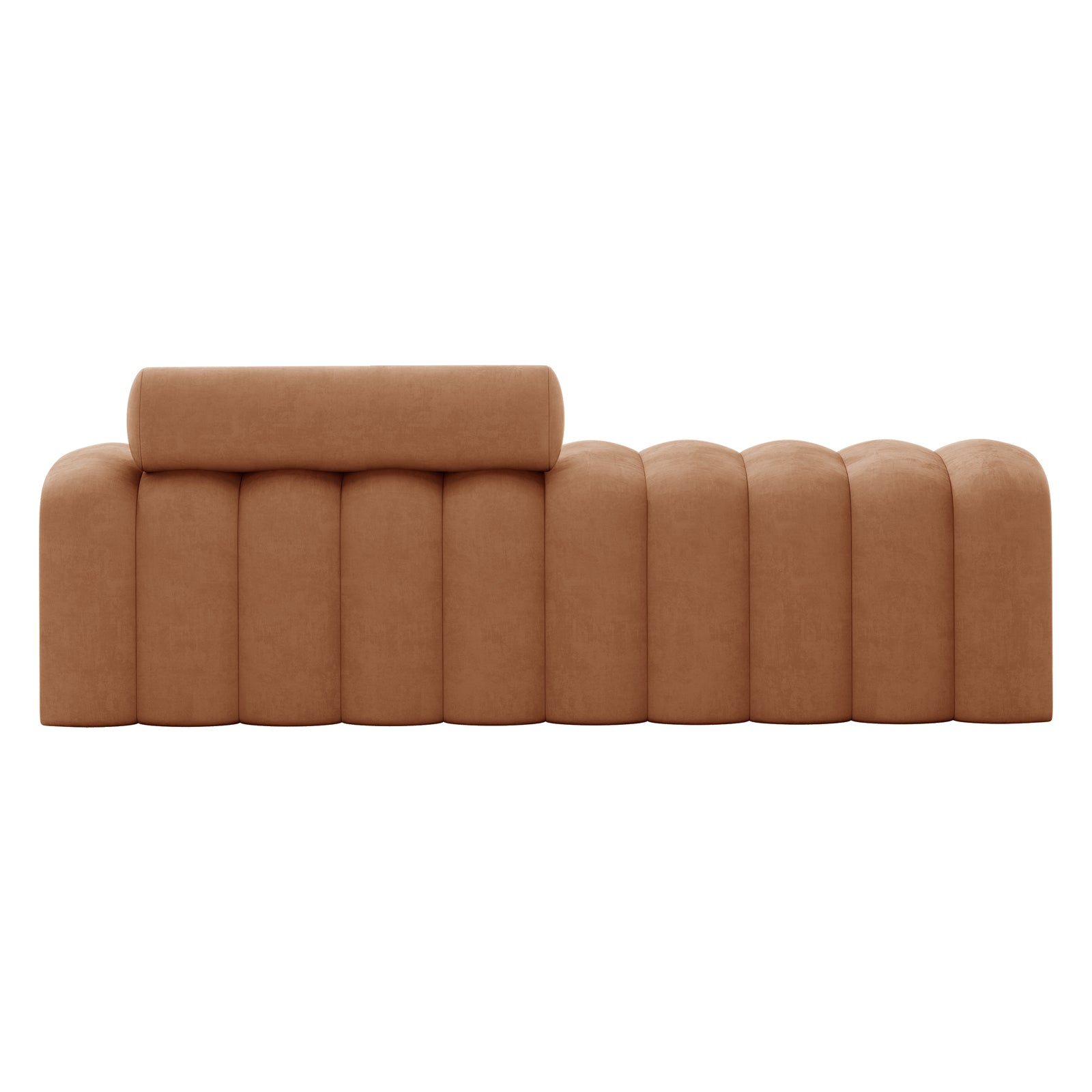 Sasa Velvet Tufted Fabric Bench with Backrest Burnt Orange features sleek vertical tubular cushions and a matching cylindrical bolster, offering a sculptural, modern seating option for contemporary living spaces.