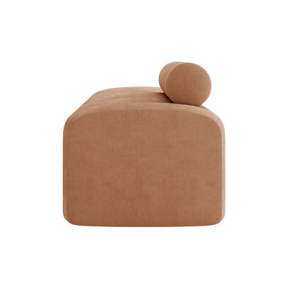 Sasa Velvet Tufted Fabric Bench with Backrest features a warm tan, armless seat module with rounded corners and subtle tufting, paired with a matching bolster pillow, ideal for modern interiors.