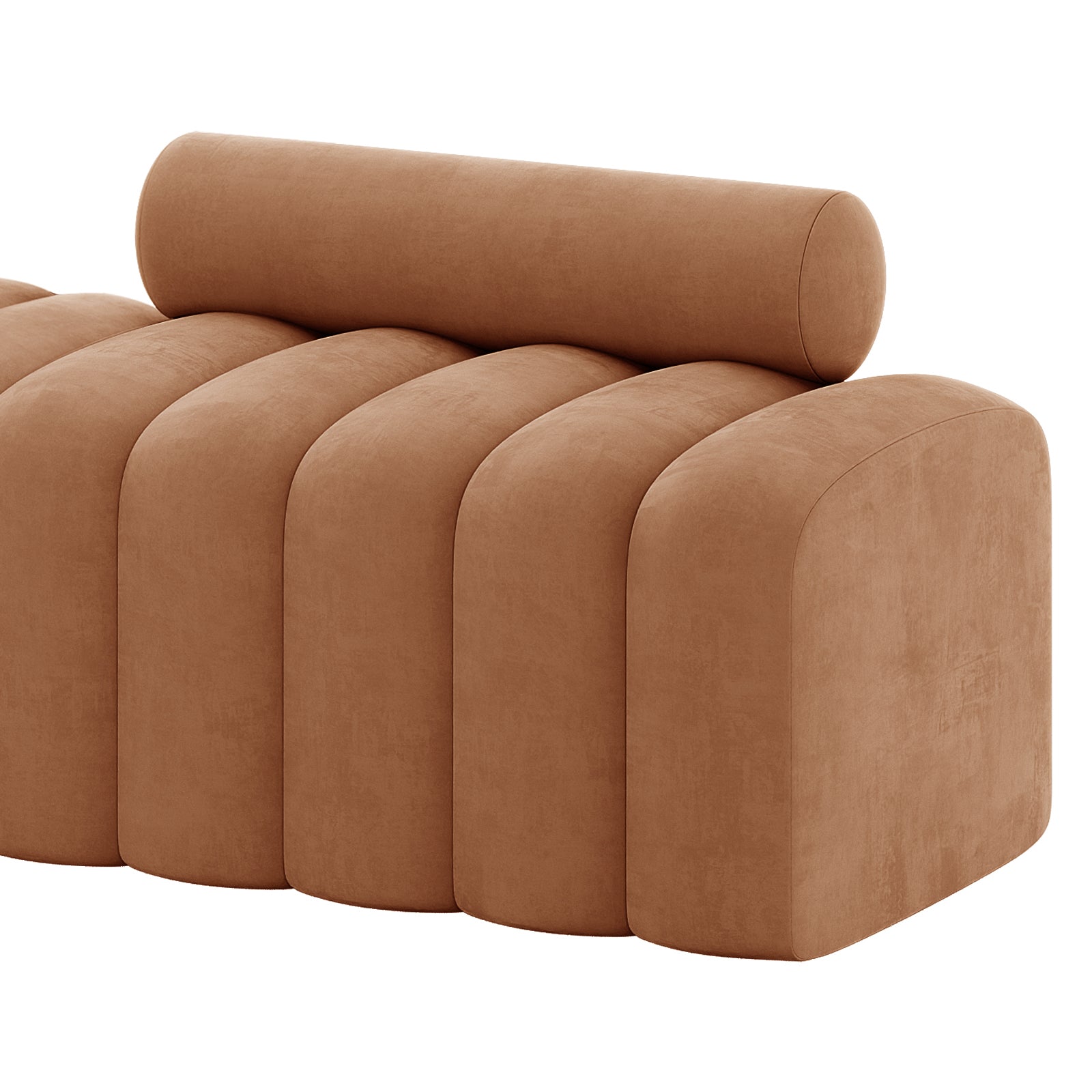 Sasa Velvet Tufted Fabric Bench with Backrest Burnt Orange, featuring deep channel-tufting, cylindrical bolster cushion, and plush upholstery, offers a stylish and comfortable seating solution for modern living spaces.
