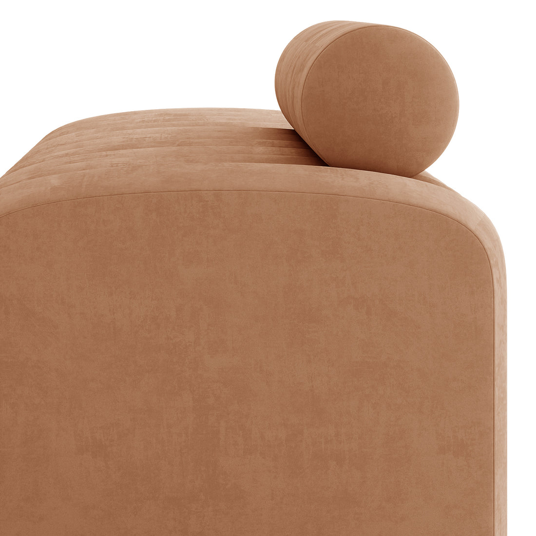 Sasa Velvet Tufted Fabric Bench with Backrest Burnt Orange, featuring a plush, rounded seat with a matching cylindrical bolster pillow and softly rounded corners, showcased against a white background.