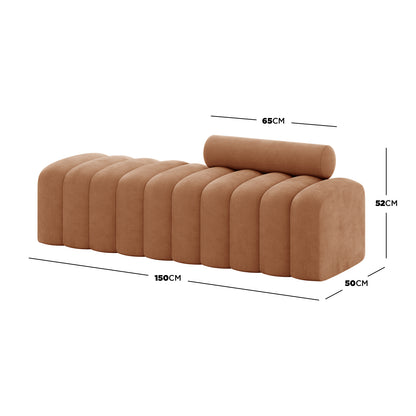 Sasa Velvet Tufted Fabric Bench with Backrest features a modern design with channel-tufted camel upholstery, detachable cylindrical bolster, and solid wood frame, ideal for contemporary living spaces.