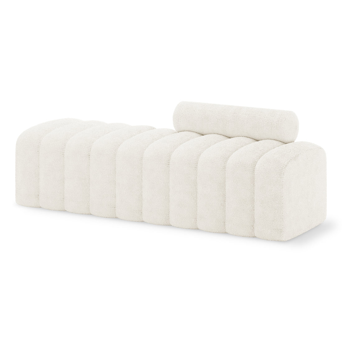 Sasa Bouclé Tufted Fabric Bench with Backrest in off-white bouclé fabric, featuring rounded modules, a tufted minimalist design, cylindrical bolster pillow, and ribbed contours for a modern, elegant look.
