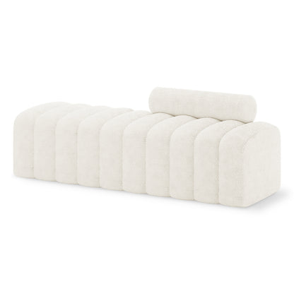 Sasa Bouclé Tufted Fabric Bench with Backrest in off-white bouclé fabric, featuring rounded modules, a tufted minimalist design, cylindrical bolster pillow, and ribbed contours for a modern, elegant look.