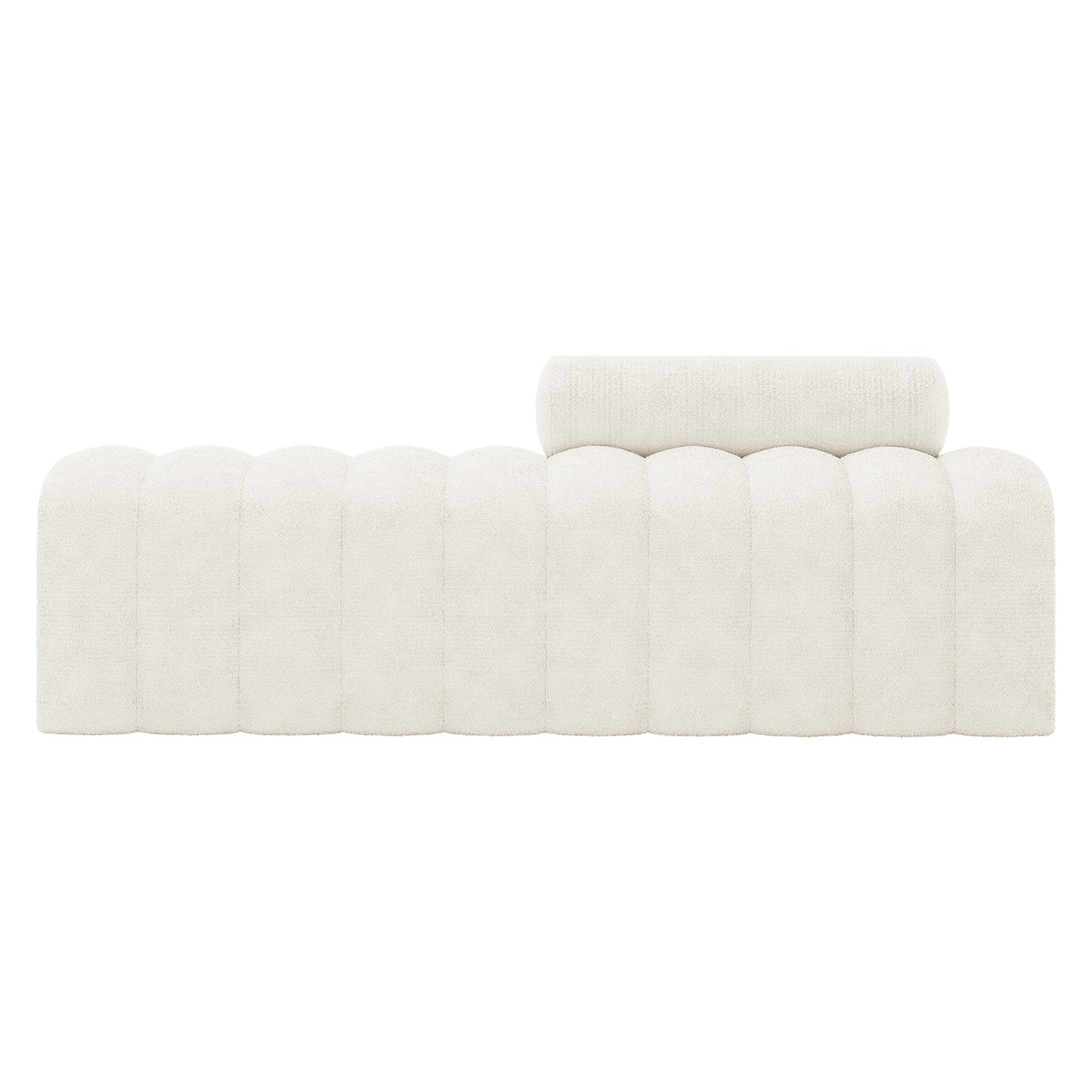 Sasa Bouclé Tufted Fabric Bench with Backrest - Eggshell White, featuring a light-cream bouclé upholstery, rounded tube cushions, and a cylindrical backrest, ideal for modern interiors.