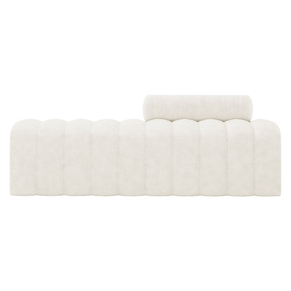 Sasa Bouclé Tufted Fabric Bench with Backrest - Eggshell White, featuring a light-cream bouclé upholstery, rounded tube cushions, and a cylindrical backrest, ideal for modern interiors.