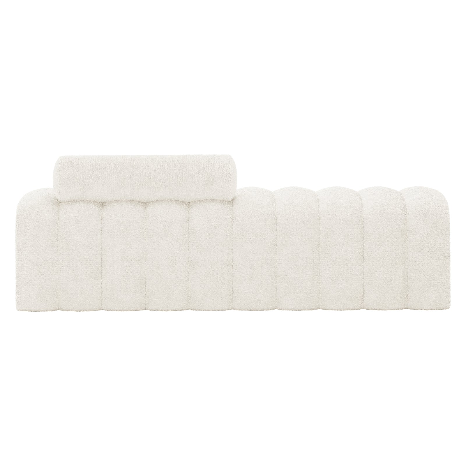 Sasa Bouclé Tufted Fabric Bench with Backrest in eggshell white features a modern design with vertical channel tufting and a removable cylindrical bolster cushion, ideal for contemporary interiors.