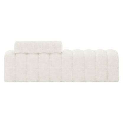 Sasa Bouclé Tufted Fabric Bench with Backrest in eggshell white features a modern design with vertical channel tufting and a removable cylindrical bolster cushion, ideal for contemporary interiors.