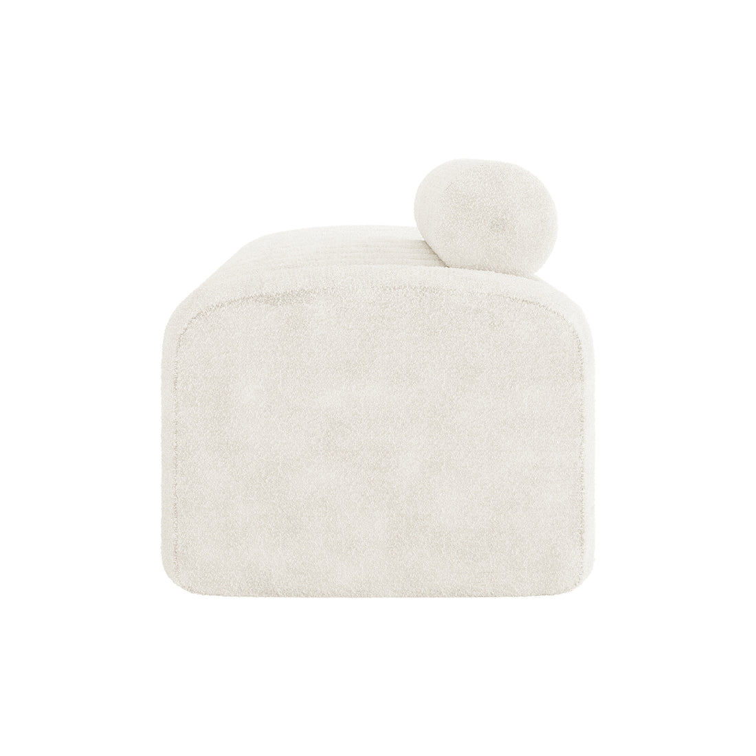 Sasa Bouclé Tufted Fabric Bench with Backrest in eggshell white, showcasing a modern upholstered design with rounded corners and a cylindrical bolster pillow on one end, ideal for contemporary interiors.