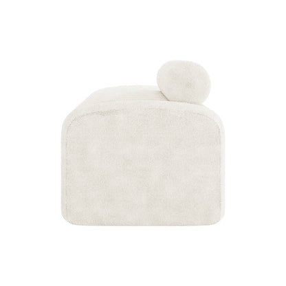 Sasa Bouclé Tufted Fabric Bench with Backrest in eggshell white, showcasing a modern upholstered design with rounded corners and a cylindrical bolster pillow on one end, ideal for contemporary interiors.