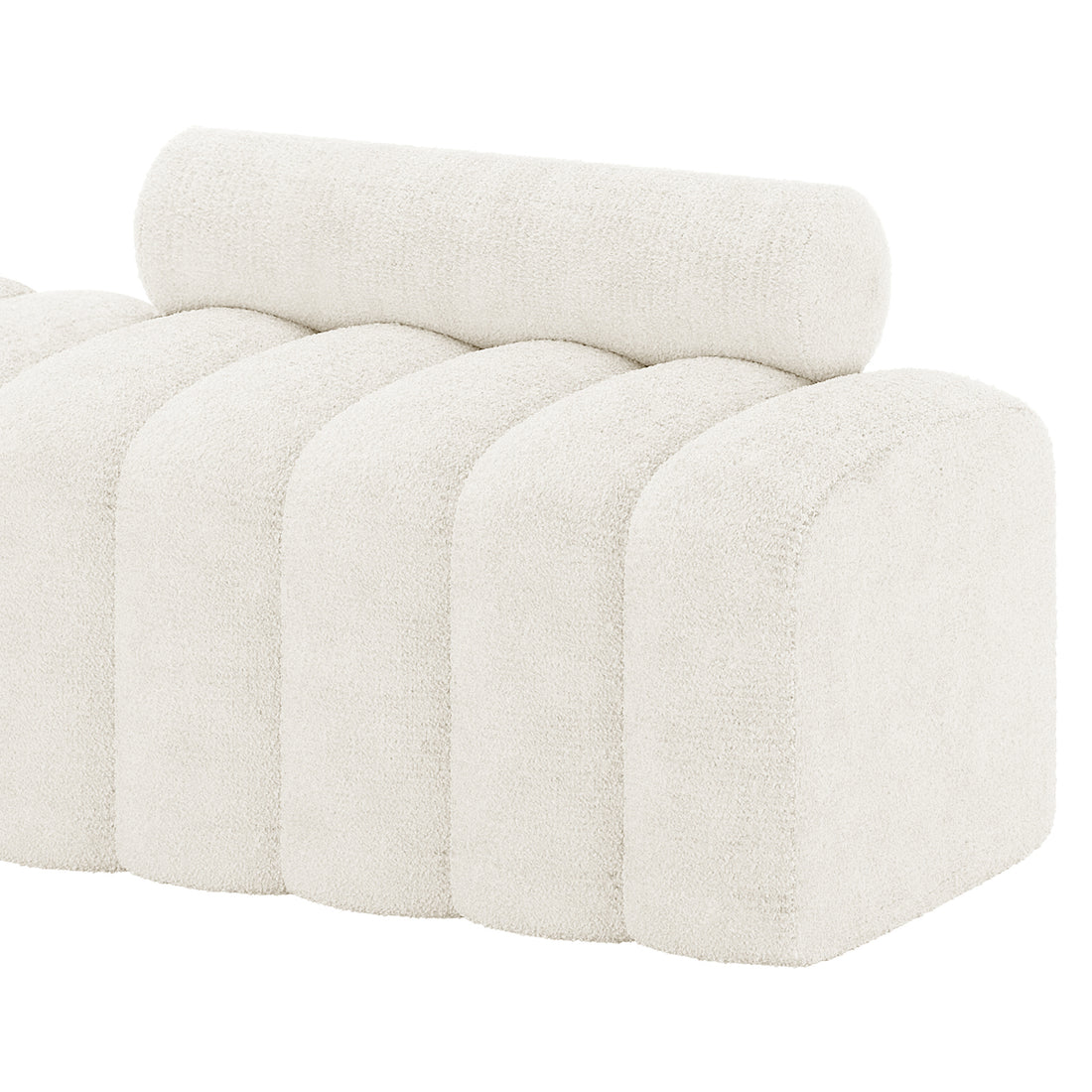 Sasa Bouclé Tufted Fabric Bench with Backrest in eggshell white, featuring rounded, tube-like cushioned seat and backrest in textured bouclé fabric, offering a modern, elegant design for contemporary interiors.