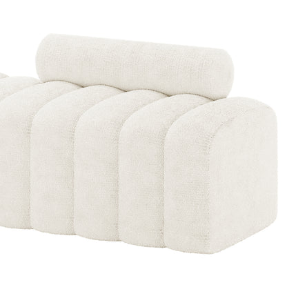 Sasa Bouclé Tufted Fabric Bench with Backrest in eggshell white, featuring rounded, tube-like cushioned seat and backrest in textured bouclé fabric, offering a modern, elegant design for contemporary interiors.