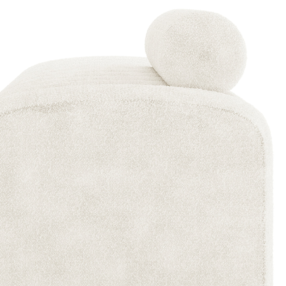 Sasa Bouclé Tufted Fabric Bench with Backrest in eggshell white; features modern cream-colored bouclé upholstery with a tufted design and a matching cylindrical bolster cushion on top.