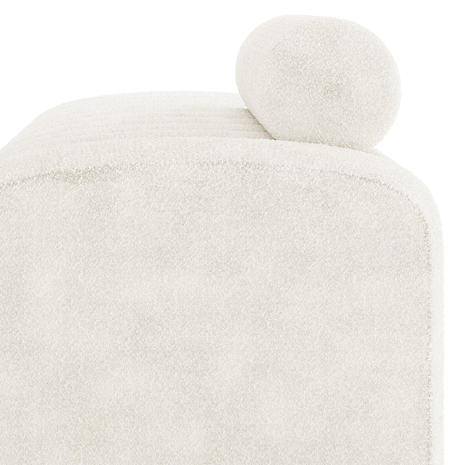 Sasa Bouclé Tufted Fabric Bench with Backrest in eggshell white; features modern cream-colored bouclé upholstery with a tufted design and a matching cylindrical bolster cushion on top.