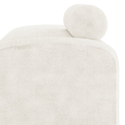 Sasa Bouclé Tufted Fabric Bench with Backrest in eggshell white; features modern cream-colored bouclé upholstery with a tufted design and a matching cylindrical bolster cushion on top.