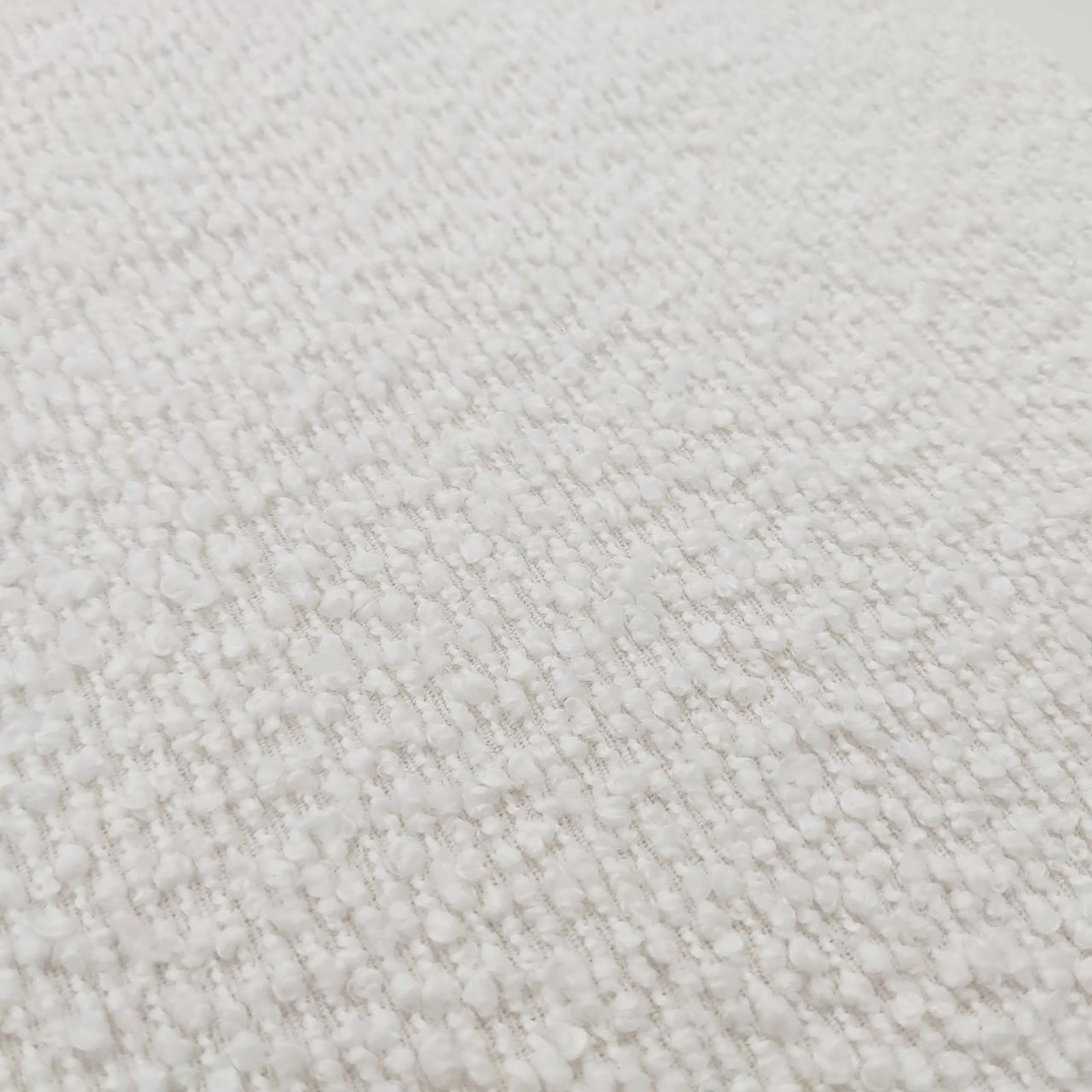 Close-up of the Sasa Bouclé Tufted Fabric Bench with Backrest - Eggshell White, showcasing its plush, loop-pile textile surface, highlighting the softness and textured elegance of the bouclé fabric.