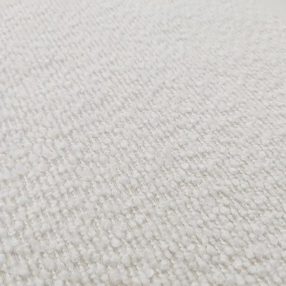 Close-up of the Sasa Bouclé Tufted Fabric Bench with Backrest - Eggshell White, showcasing its plush, loop-pile textile surface, highlighting the softness and textured elegance of the bouclé fabric.