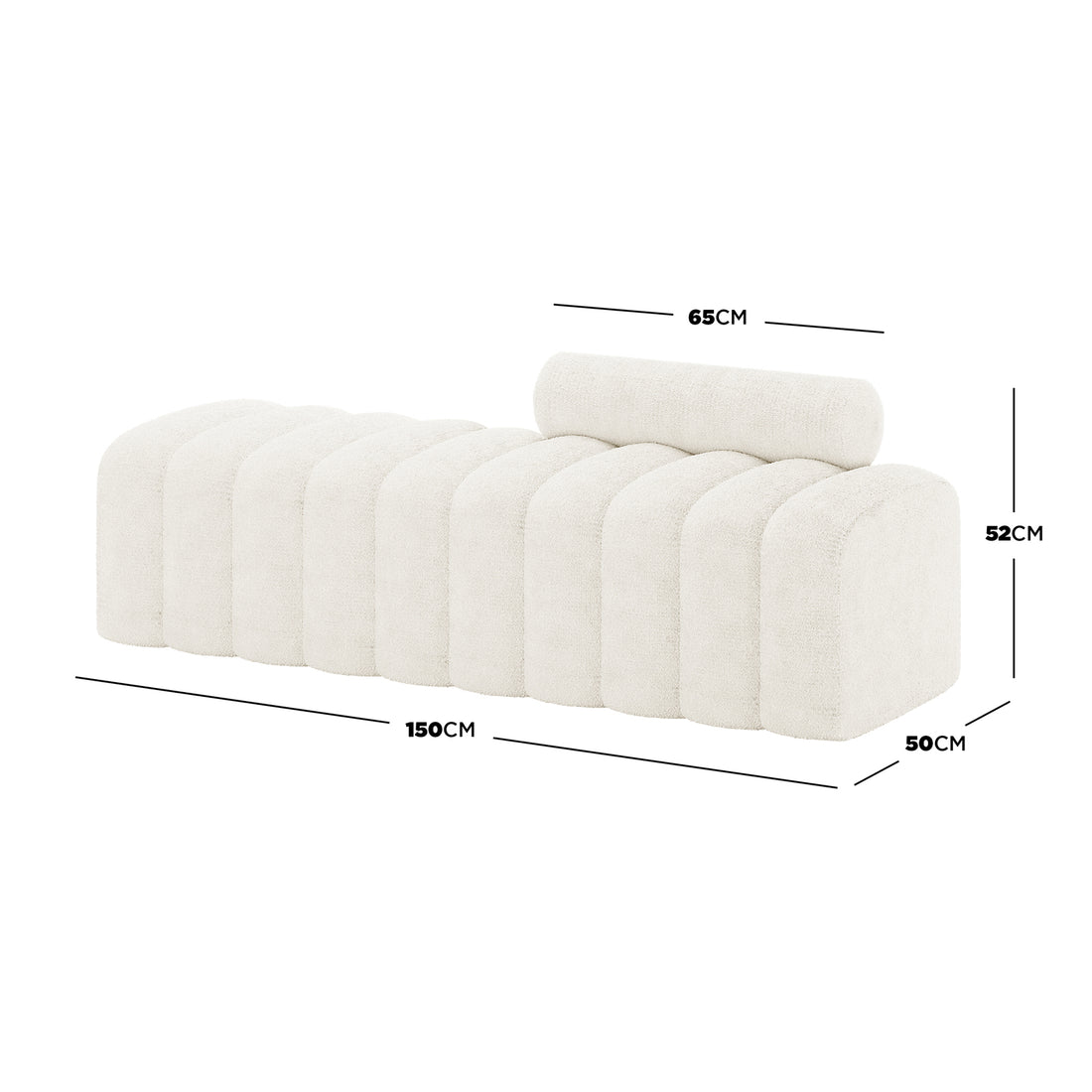 Sasa Bouclé Tufted Fabric Bench with Backrest - Eggshell White, features rounded arch segments, off-white bouclé fabric, and a detachable 65 cm bolster cushion for stylish, modern seating.