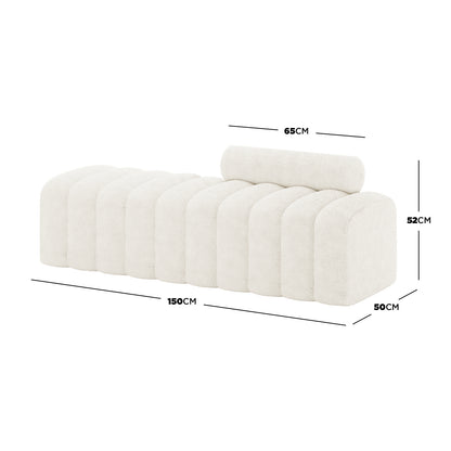 Sasa Bouclé Tufted Fabric Bench with Backrest - Eggshell White, features rounded arch segments, off-white bouclé fabric, and a detachable 65 cm bolster cushion for stylish, modern seating.