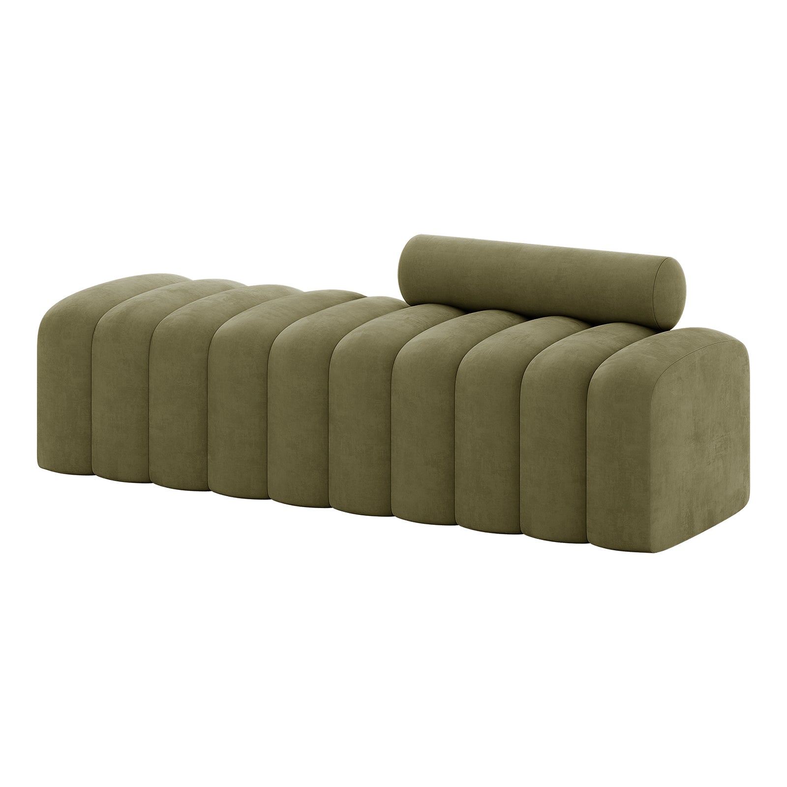 Sasa Velvet Tufted Fabric Bench with Backrest Sage features a modern design with rounded tubular cushions and a matching cylindrical bolster pillow, perfect for adding stylish seating to contemporary living spaces.