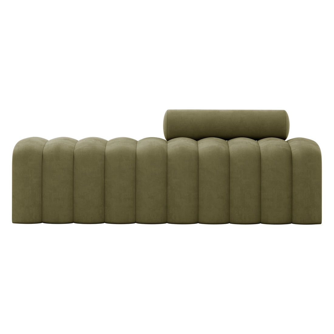 Sasa Velvet Tufted Fabric Bench with Backrest Sage features an olive-green, rounded, vertically stitched design with a cylindrical bolster cushion on one end, offering a modern, plush seating solution.