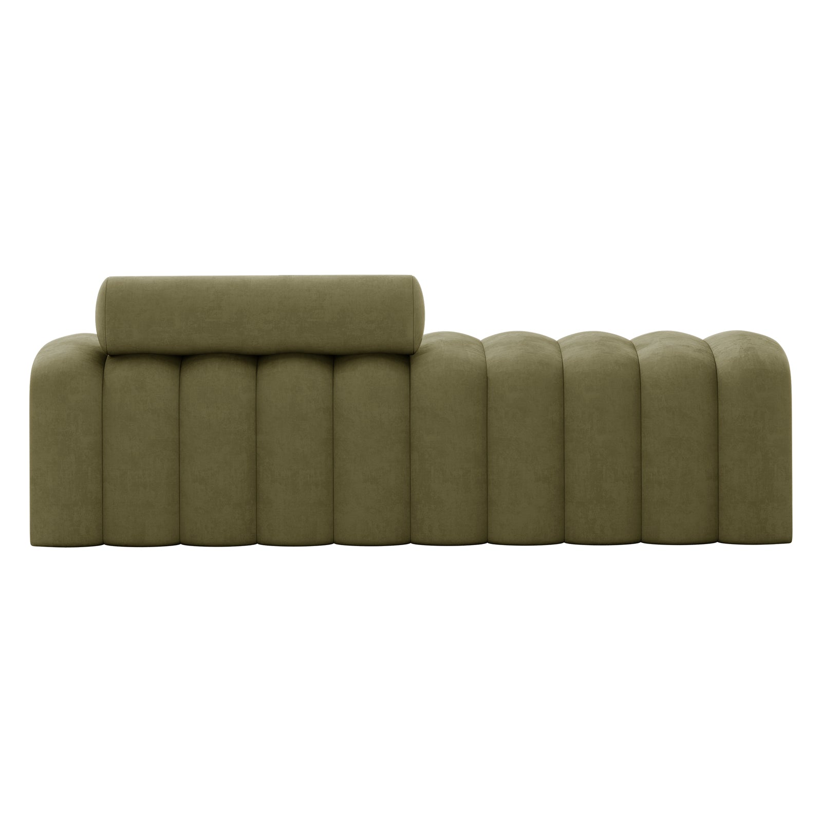 Sasa Velvet Tufted Fabric Bench with Backrest Sage features a modern design with olive-green, tufted cushion columns and a long bolster-style back cushion, perfect for contemporary living spaces.