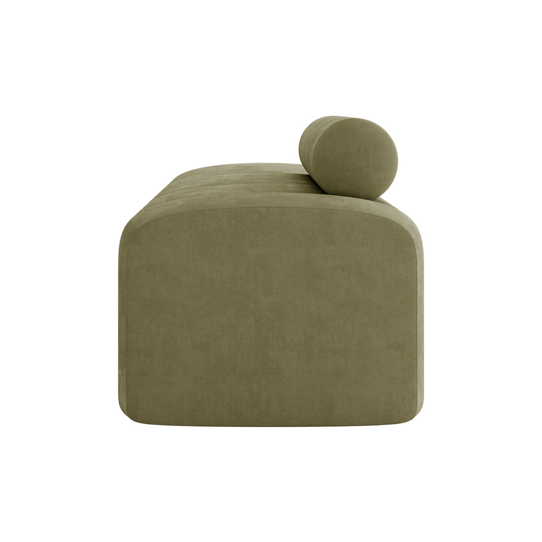 Sasa Velvet Tufted Fabric Bench with Backrest Sage features an olive-green, minimalist design with a cylindrical bolster cushion, upholstered in plush velvet, showcasing softly rounded edges for modern living spaces.
