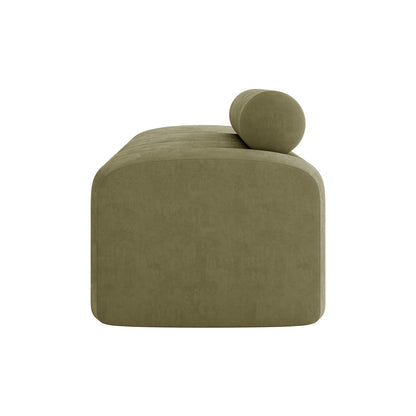 Sasa Velvet Tufted Fabric Bench with Backrest Sage features an olive-green, minimalist design with a cylindrical bolster cushion, upholstered in plush velvet, showcasing softly rounded edges for modern living spaces.