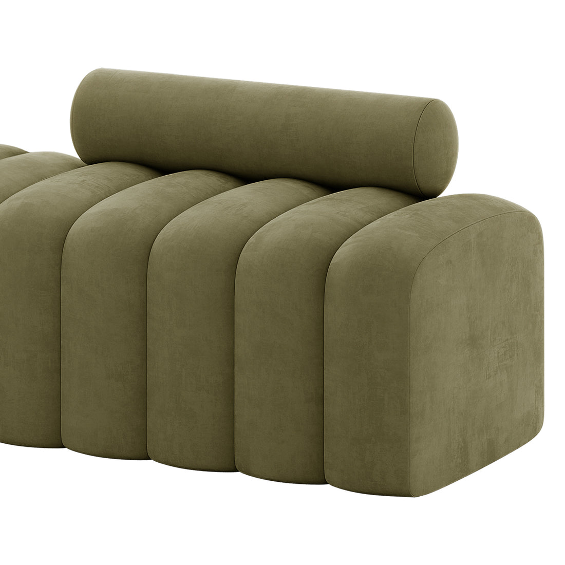 Sasa Velvet Tufted Fabric Bench with Backrest Sage, featuring an olive-green suede-like finish, vertically channel-stitched cushions, and a matching cylindrical bolster pillow for a rounded contemporary design.