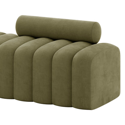 Sasa Velvet Tufted Fabric Bench with Backrest Sage, featuring an olive-green suede-like finish, vertically channel-stitched cushions, and a matching cylindrical bolster pillow for a rounded contemporary design.