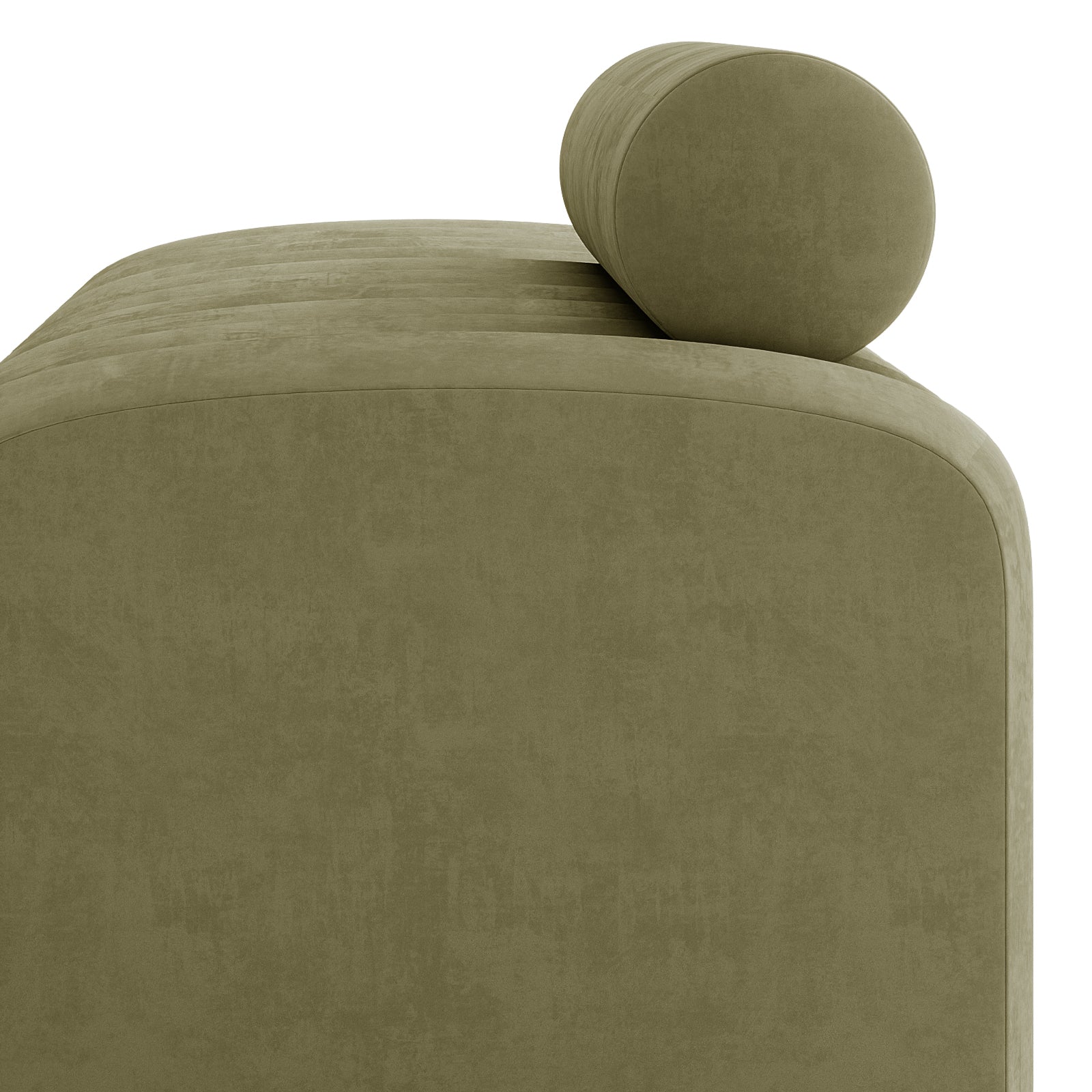 Sasa Velvet Tufted Fabric Bench with Backrest Sage, showcasing an upholstered end section in olive-green fabric with rounded corners, and a matching cylindrical bolster cushion on top.