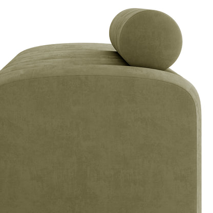 Sasa Velvet Tufted Fabric Bench with Backrest Sage, showcasing an upholstered end section in olive-green fabric with rounded corners, and a matching cylindrical bolster cushion on top.