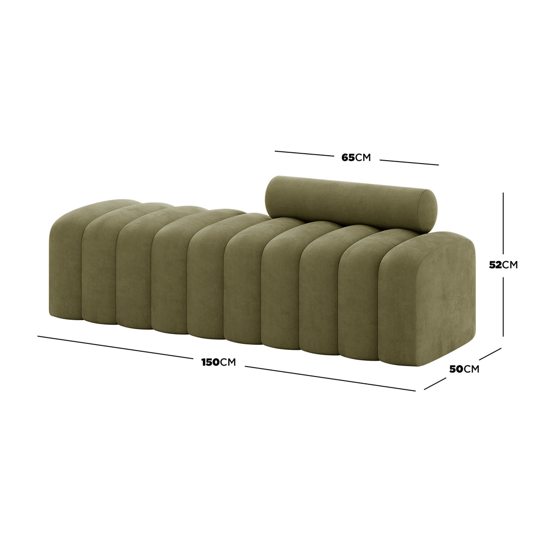 Sasa Velvet Tufted Fabric Bench with Backrest Sage: A modern olive-green upholstered bench featuring rounded vertical seat pillows and a cylindrical bolster, perfect for stylish, comfortable seating in contemporary living spaces.