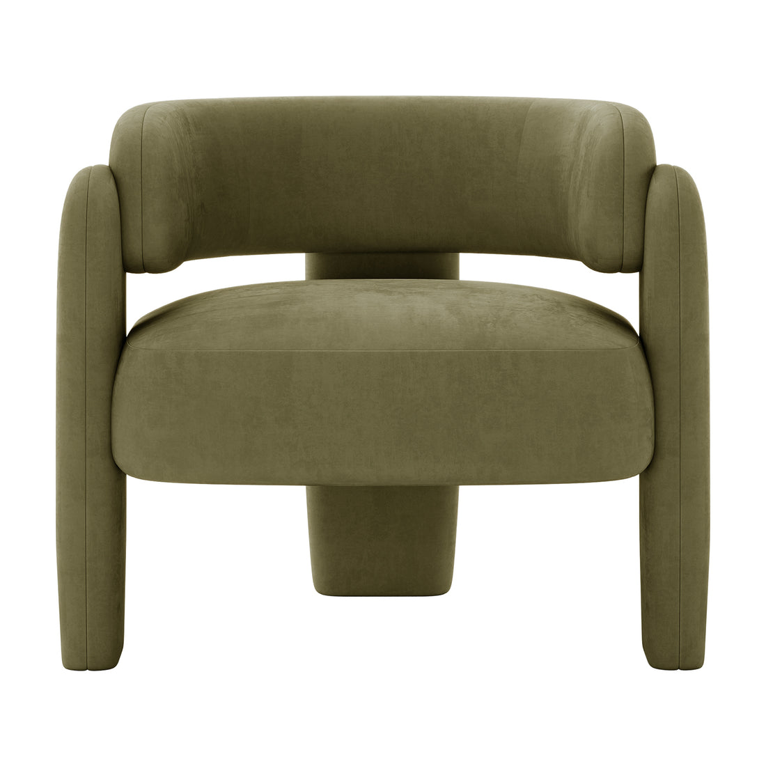 Seto Velvet Curved Occasional Accent Chair – Sage, featuring an olive-green upholstery, low padded seat, tubular wrap-around cushion backrest, and a unique pedestal and cylindrical leg design for a minimalist look.